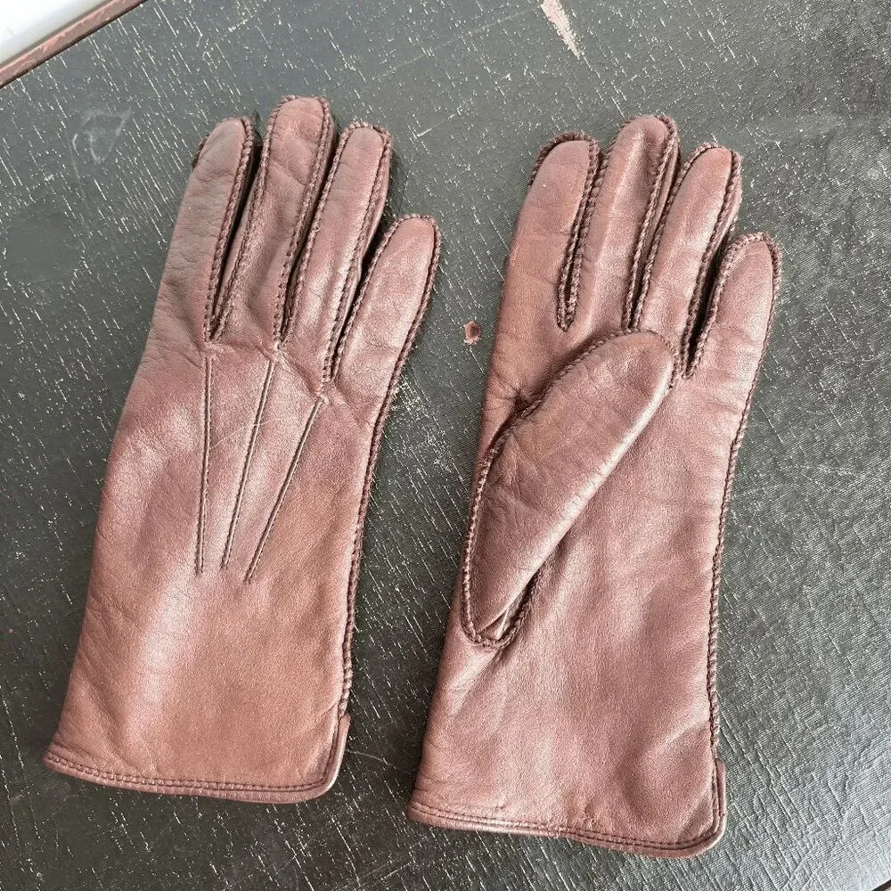 VTG Grandoe Leather Winter Gloves S Polartec Lined Brown 3-Point Stitch Warm